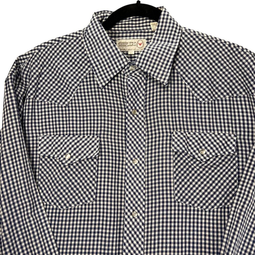 Vtg Sheplers Pearl Snap Western Shirt Blue White Gingham XL Cowboy Long Sleeve
